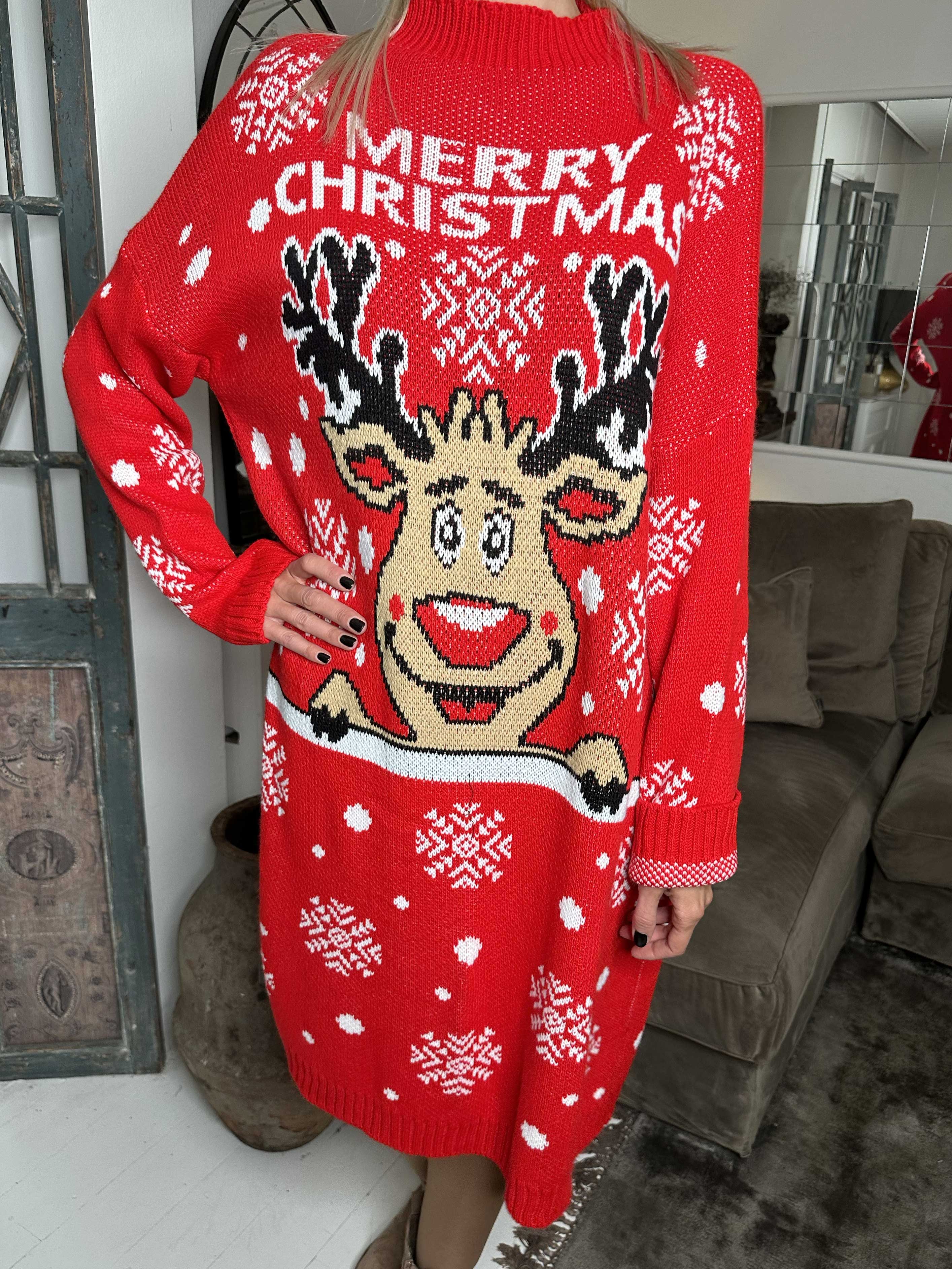 Rudolf - Stickad julklänning med snöflingor och rudolfmotiv